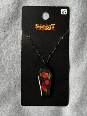 New Spirit Halloween Black Coffin Shaped Clear Pressed Flower Necklace